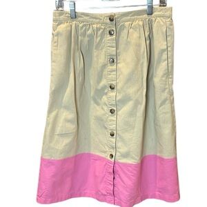 J Crew Beige and Pink Button-Down Linen Cotton Blend Skirt Size Medium